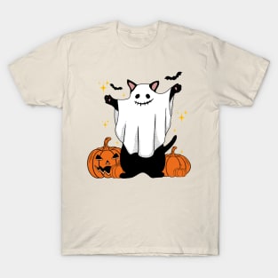Ghost Cat with Pumpkin Halloween T-Shirt